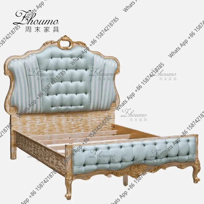 French solid wood fabric bed antique hand-carved double bed soft bag gold luxury soft bag bed