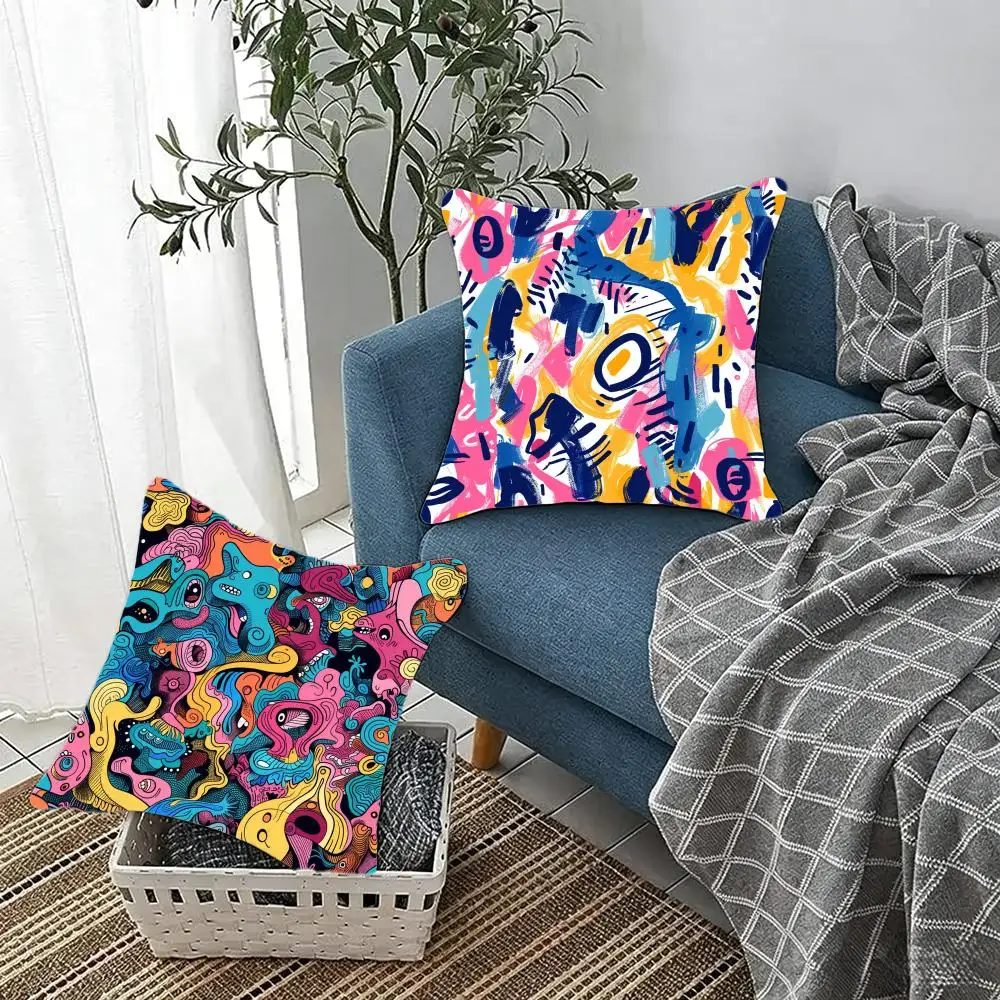 Playful Streetwear C-Cute Graffiti Cushion Cover Fluffy velvet Nordic style plush Living room sofa decorative