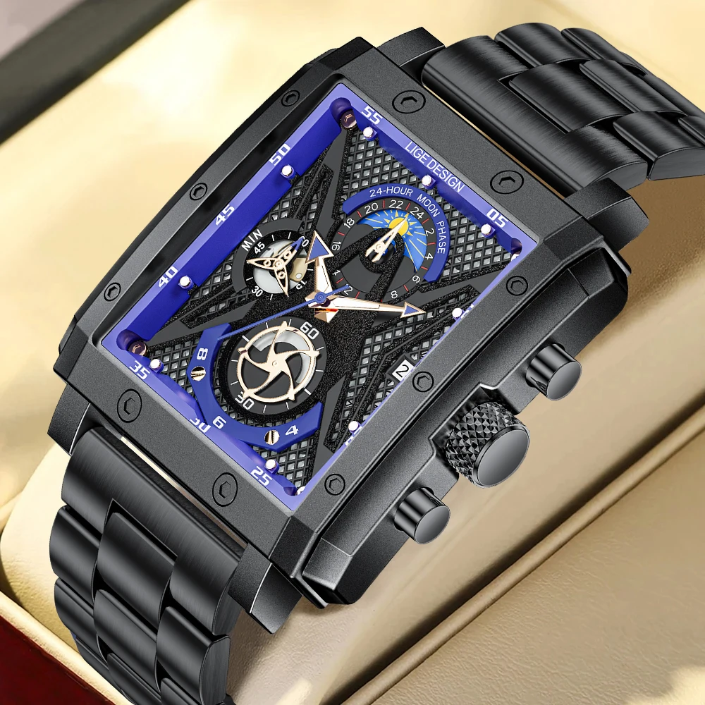 

New LIGE Quartz Watches for Men Luxury Luminous Waterproof Square Stainless Steel Wrist Watch Men Chronograph Relogios Masculino