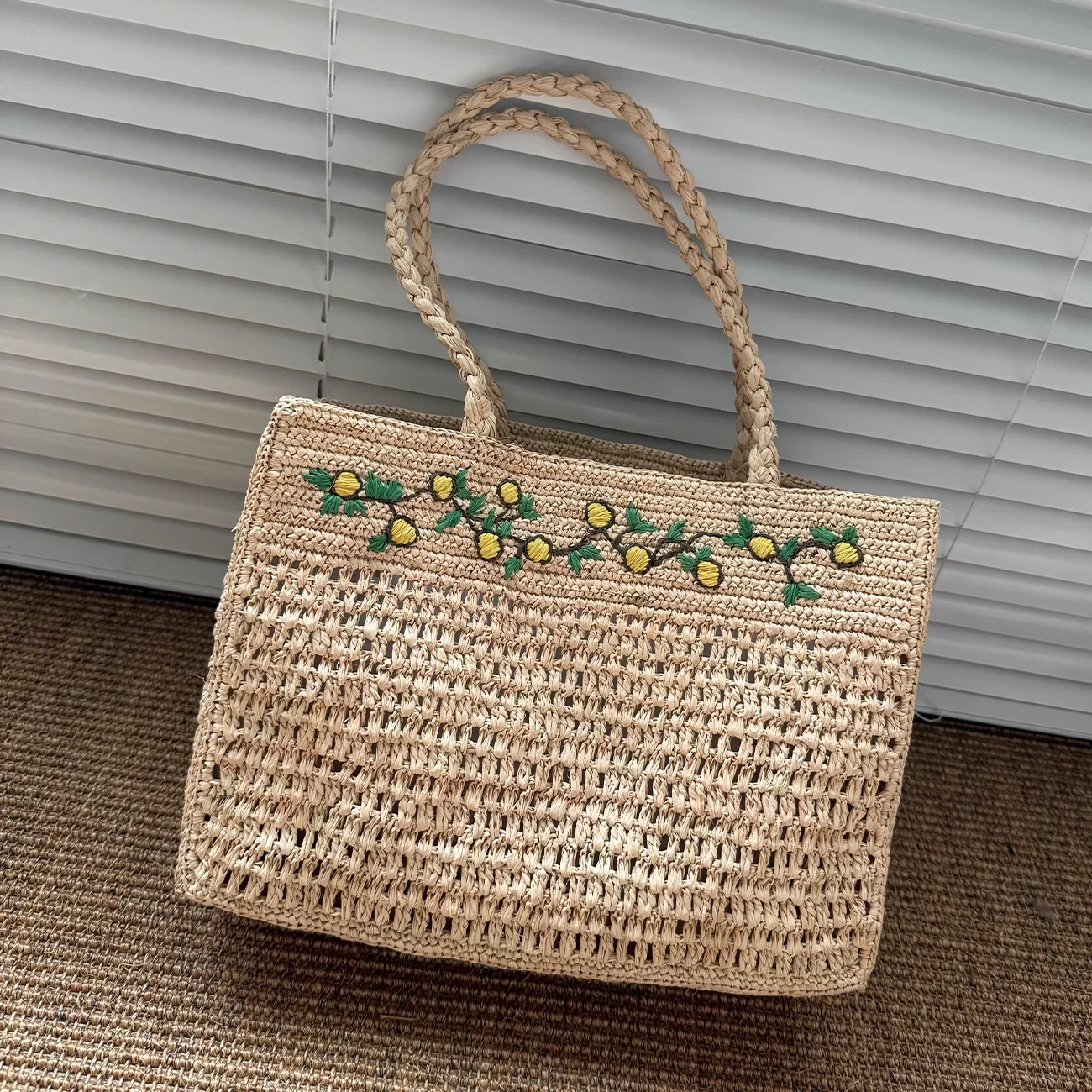 

Casual Lemon Lafite Grass Crochet Hand Woven Bag Vacation Beach Women Handbags Handmade Woven Summer Beach Shopper Purses