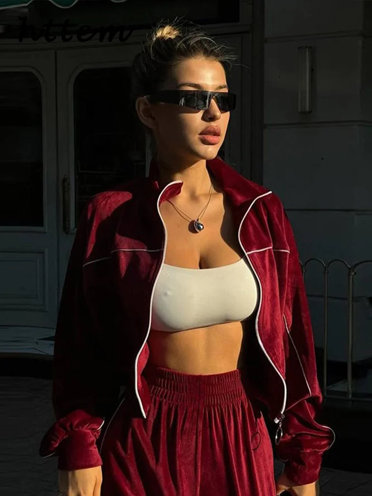 

Повседневные бархатные однотонные брюки, комплекты из 2 предметов для женщин, укороченная куртка с воротником-стойкой, широкие брюки, осень 2024, женский уличный спортивный костюм