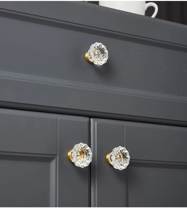 Clear faceted knobs on a grey cabinet