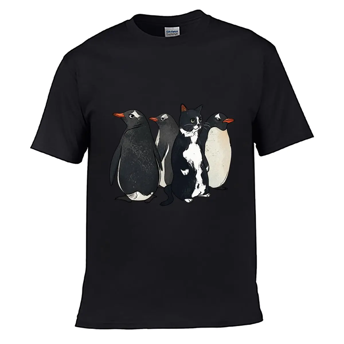 Funny Cat Among Three Penguins Illustration Street Loose Simple Tee