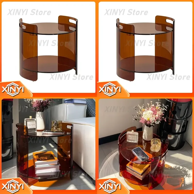 for Acrylic Brown Double Layer Round Coffee Table for Living Room Nordic Style Transparent Splicing Tea Table Modern