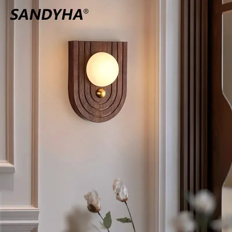 

SANDYHA Rustic Japanese Walnut Wood Wall Lamp with Marble Lampshade LED Ambient Light for Living Room Bedroom Dining Table Home