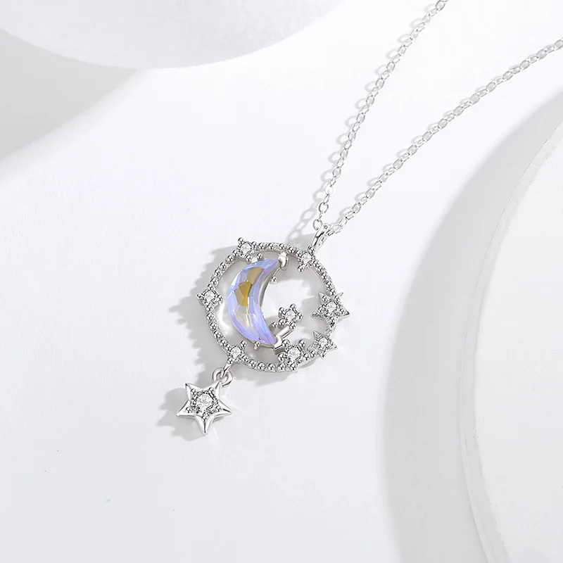 Authentic 925 Sterling Silver Clusters Of Stars Moon Crystal Pendant Chain Necklaces For Girl Women Wedding Party Jewelry Gift