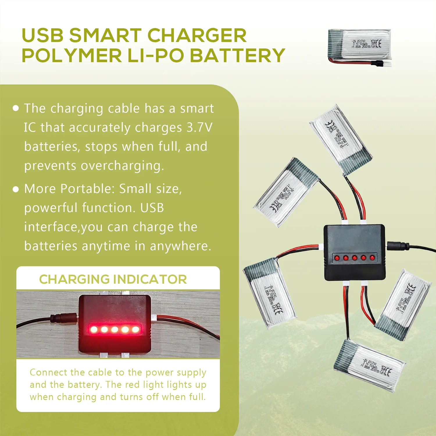 5Pcs 3.7V 500mAh LiPo Batteries with five-port USB Charger, Rechargeable Battery Pack for 2.4gHz RC Plane/Drones/Quadcopters