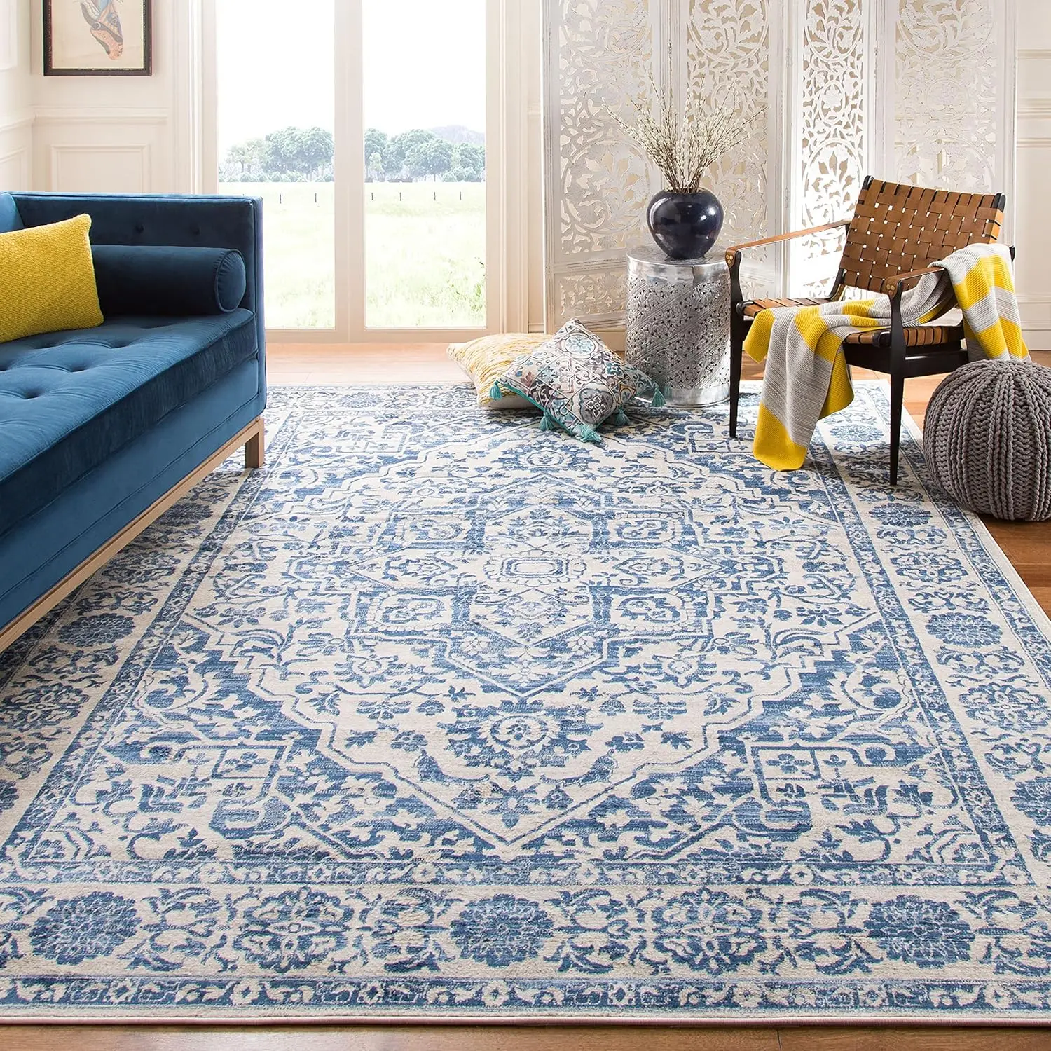 

X Large Area Rug Navy Light Grey Medallion Distressed Design Non Shedding Easy Care Ideal for High Traffic Areas in Living Room