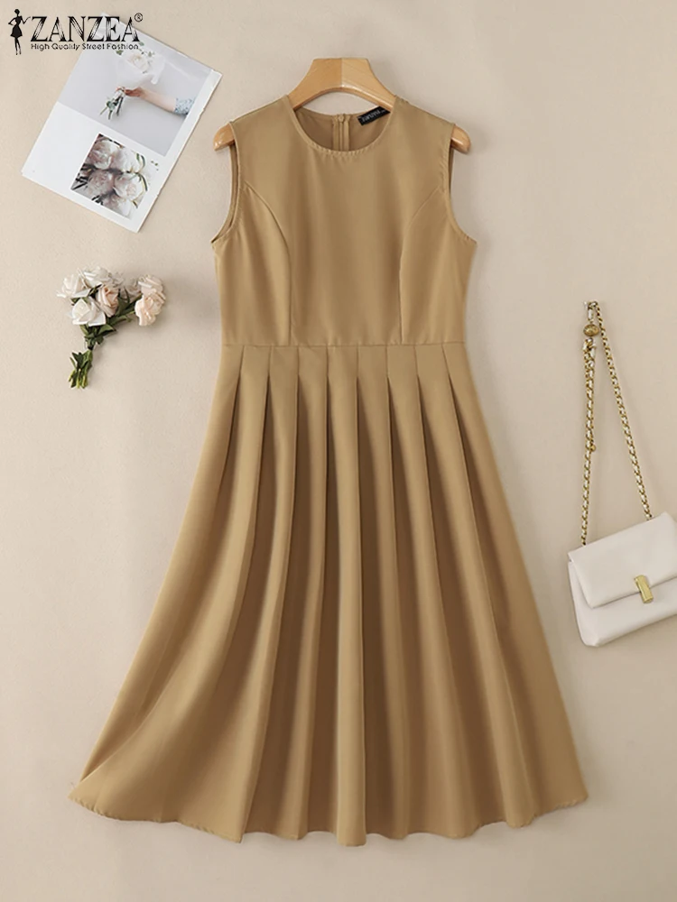 2025 ZANZEA Summer Elegant Sleeveless Party Sundress Women Stylish Solid Pleated Dress Fashion A Line Work Midi Vestidos Kaftan