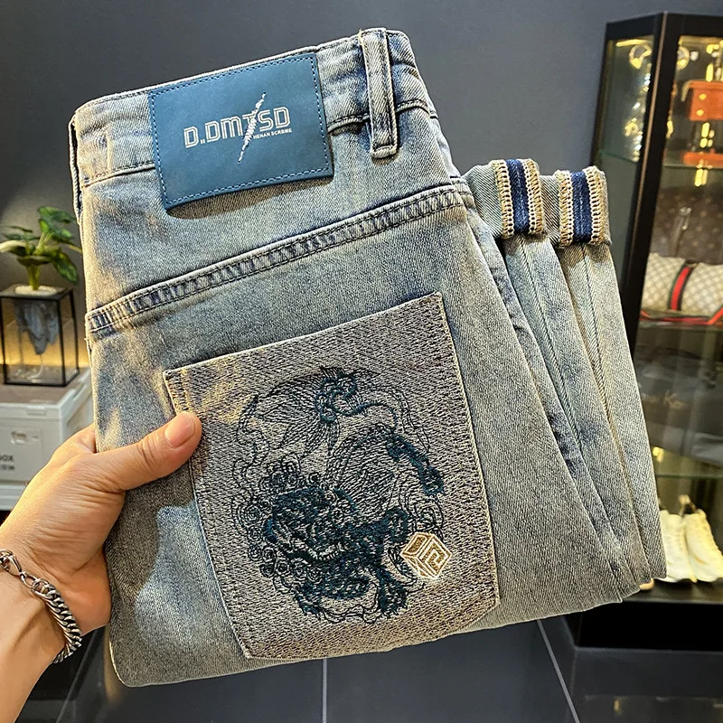 

Fashionable high-end handsome jeans men's nine point 2025 summer thin embroidered slim fit trendy brand small foot casual pants