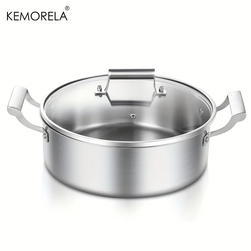 

KEMORELA Горячая кастрюля из нержавеющей стали 304 — немецкая пятислойная стальная суповая кастрюля в европейском стиле с двойной ручкой и стеклянной крышкой, для дома