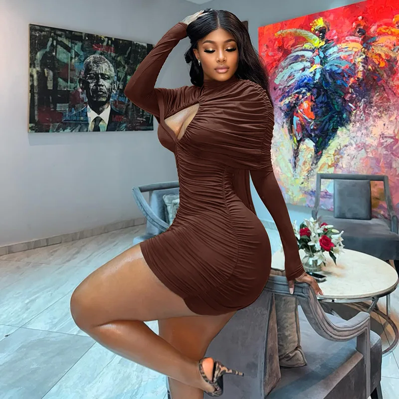 

Women Solid Hollow Ruched Bodycon Mini Dress Fashion Half High Collar Cape Full Sleeve Wrap Hip Slim Party Clubwear Streetwear