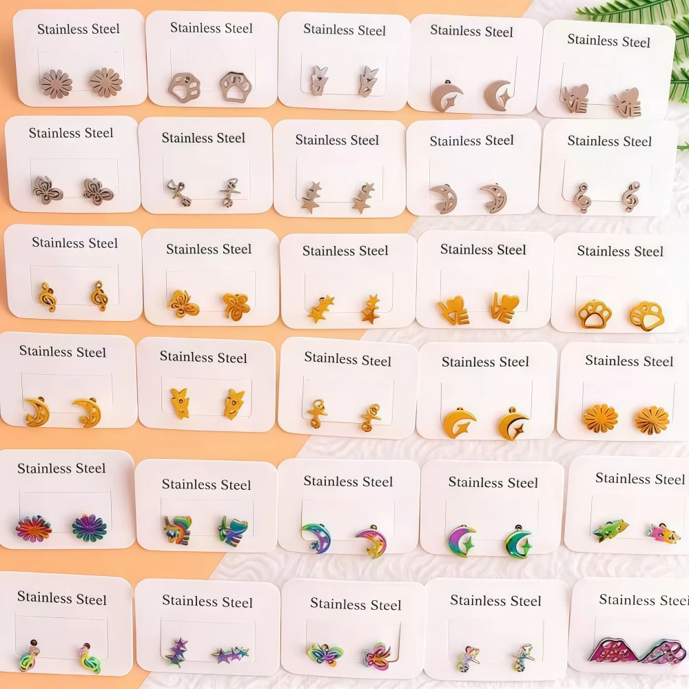 10/20/30/50/100Pairs Fashion Stainless Steel Stud Earrings For Women Mix Style Simple Flower Animal Star Ear Jewelry Party Gifts
