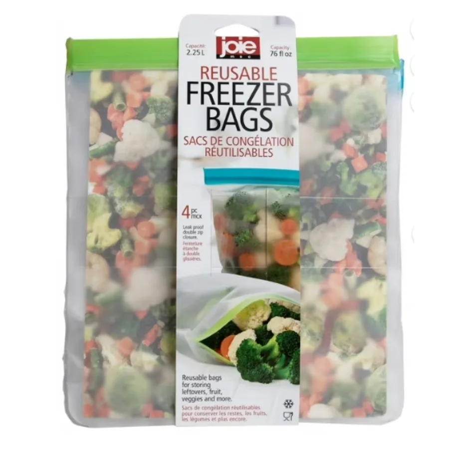 

Joie Reusable Freezer Bags Assorted Pack of 4 Double Zip Closure to Seal in Freshness. 76 fl oz.
