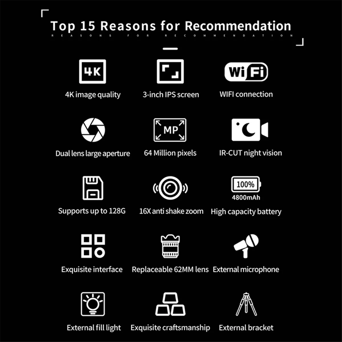 Vendita calda Fotocamera digitale professionale Fotocamera HD 4K Fotocamera digitale WIFI con zoom 16X Telecamera per visione notturna con microfono