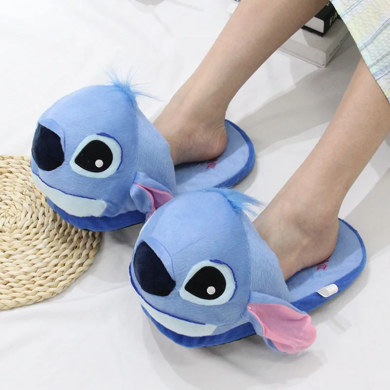 28 ซม.รองเท้าแตะผ้าฝ้ายการ์ตูนน่ารัก Disney Stitch สไลด์แบน Flip Flops ฤดูหนาว WARM Soft รองเท้าแตะผู้หญิงรองเท้า