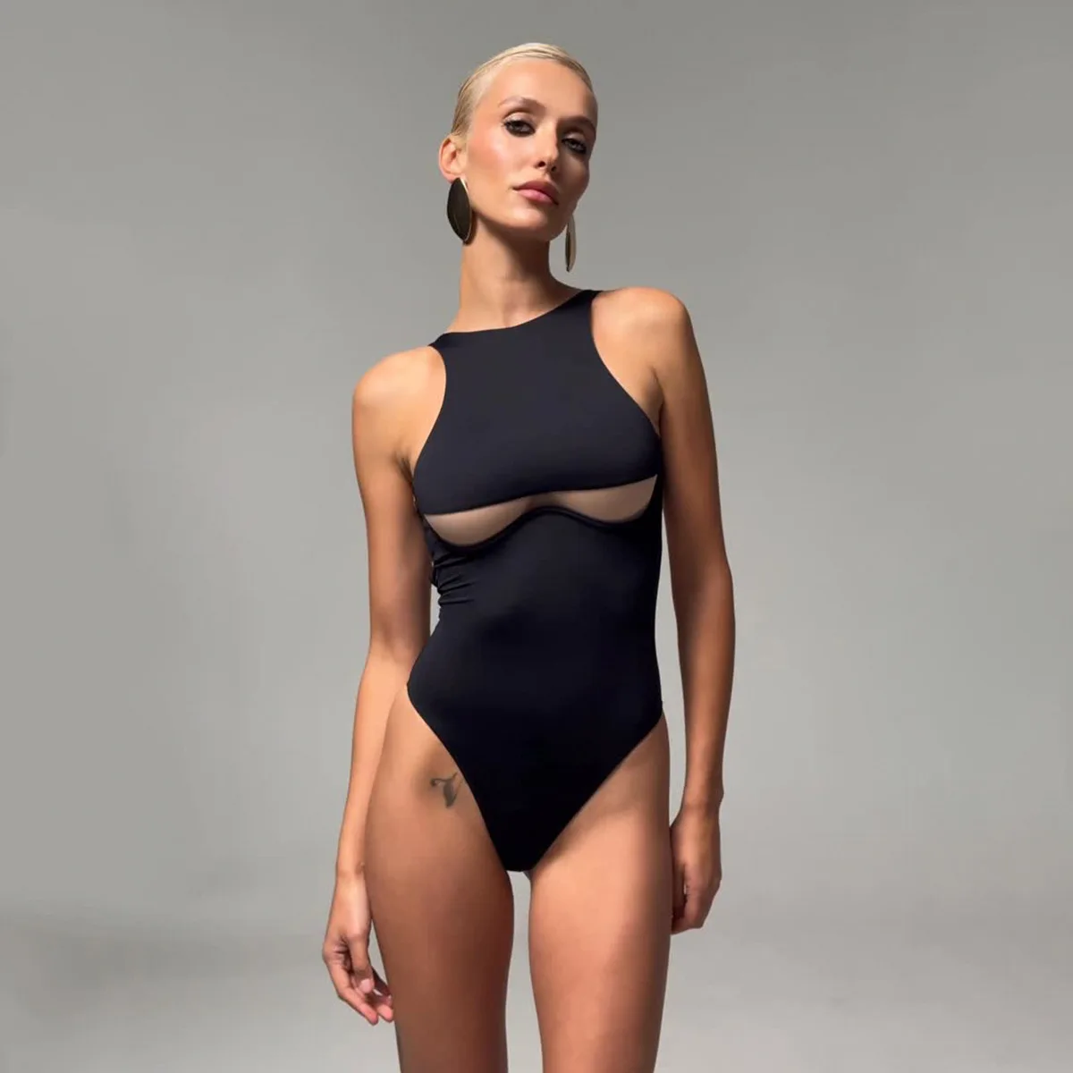 Women Black One Piece Swimsuit High Neck Mesh Cutout Front Slim High Cut Leg Monokini Brazil Summer Beach Bathing Suit Swimwear