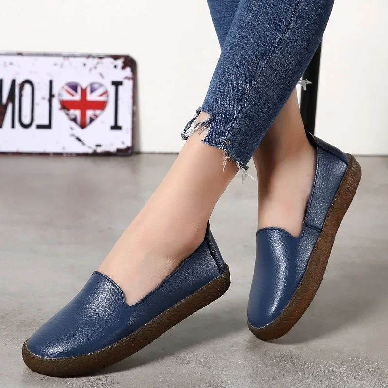 Flats Women Shoes Loafers Genuine Leather Woman Flats Slip On Women\'s Loafer Female Moccasins Shoe Plus Size 35-43