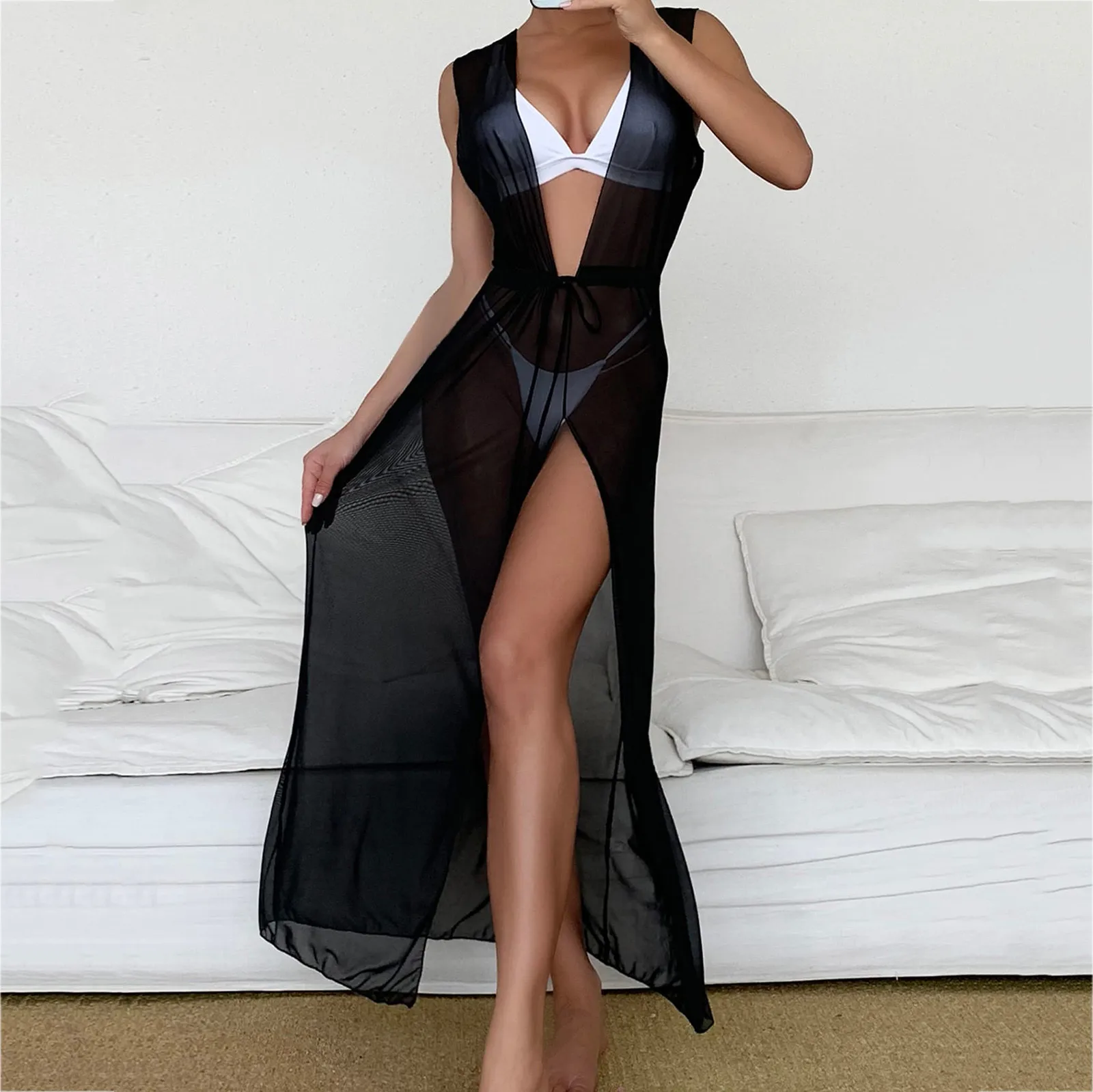 Women Swimsuit Cover-up Beach Bathing Suit High Split Swimwear Mesh Linked Beach Dress Sexy Sheer Black Long Cover Up Bikini