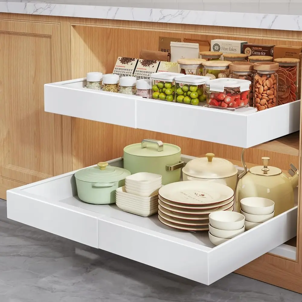 

Выдвижные органайзеры для шкафов Seinloes, 2 шт., глубина 21 дюйм, с подъемной платформой или для установки в шкаф, расширяемые, с 3 направляющими для выдвижных ящиков