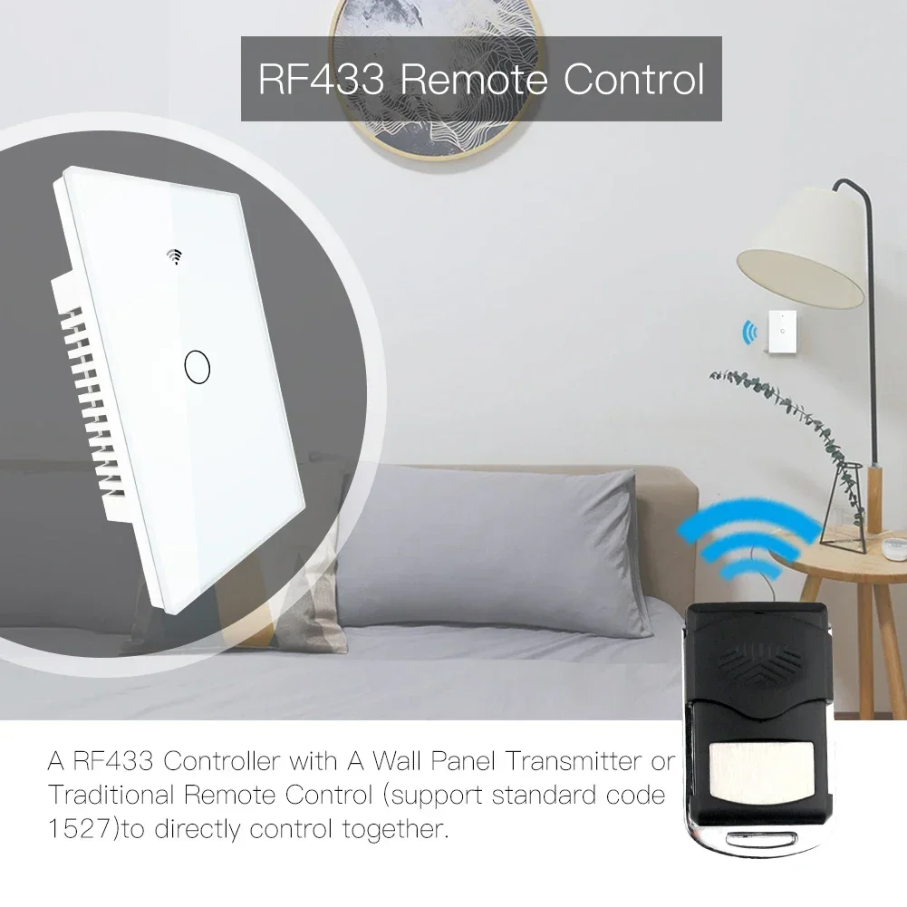 Interruptor de iluminación inteligente wifi de pared con panel de vidrio, Interruptor inalámbrico RF433 compatible con Smart Life, Tuya, Alexa y Google Home, de 1, 2 y 3 entradas