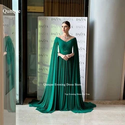 Qunque Arabia Green Chiffon Party Dress Customized Elegant Evening Dresses Criss-Cross Pleat With Cape Sleeves Vestidos De Gala