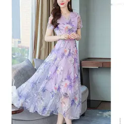 Women's V-neck Short Sleeve Chiffon Dresses Simplicity Printing Elegant Temperament A-line Skirt Women's Clothes Summer Fashion