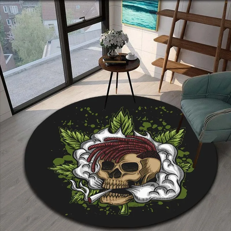 Smoke Skull Maple Weed Plant Round Area Rugs for Living Room Bedroom Doormat Kids Carpet Soft Non-slip Floor Mat Game Round Rugs