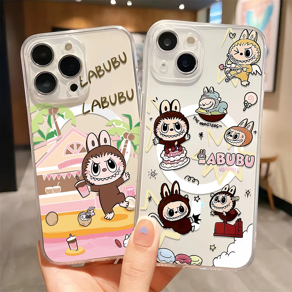 New Cute Cartoon Labubu Magsafe Magnetic Phone Case for iPhone 16 15 14 13 12 11 8 7 Plus Pro Max X XR XSMax Soft Clear Cover