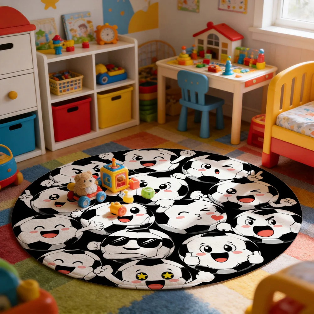 Cute Cartoon Football Characters Round Area Rug Mat for Kids Playroom Nursery Decor Gift