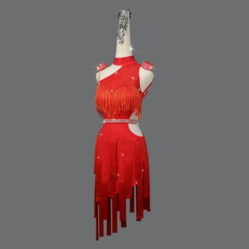 Jupe de compétition de danse latine pour femmes, jupe de performance pour adultes, pompon rouge structurels ent personnalisé, robe de danse sexy, nouveau