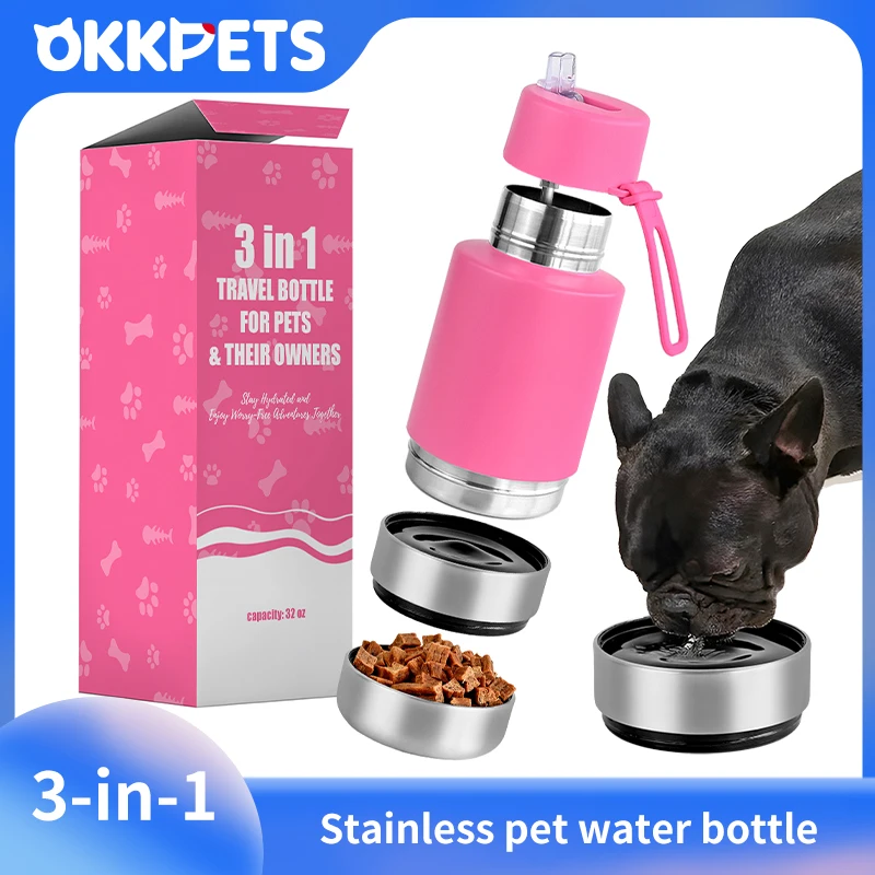 

OKKPETS 3 в 1 портативная дорожная бутылка для воды 34 32 унции для улицы собаки Питьевая бутылка из нержавеющей стали для питомцев и бутылка для еды для собак