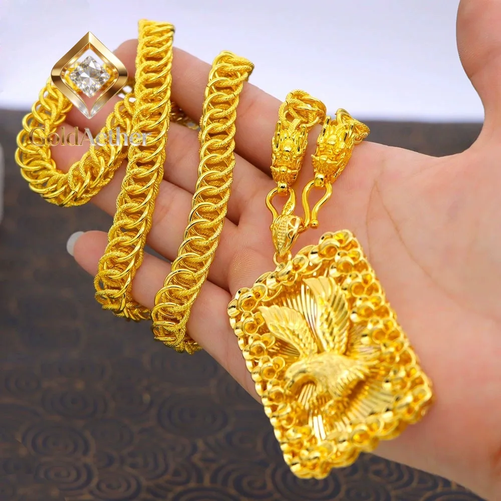 

GoldAether Flame Guanyin 9999 24K Real Gold Round Bead Necklace Pendant Male Domineering Eagle Pendant Square Brand Clothed Drag