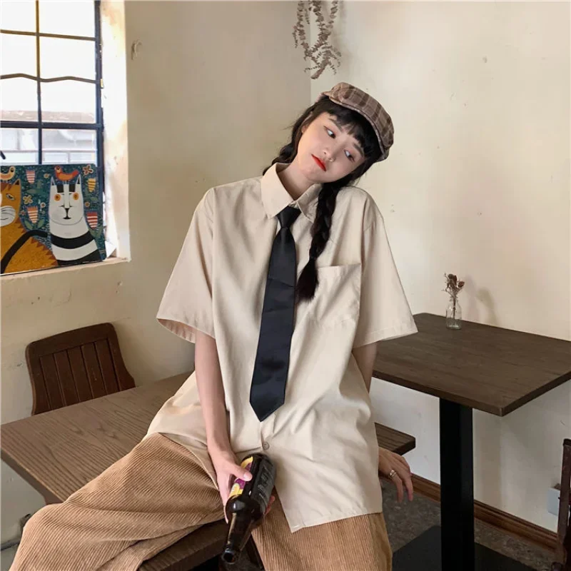 EBAIHUI Summer Korean Chic Oversize Shirt Half Sleeve Women Casual Blouse Turn-down Collar Blusas Preppy Vintage Tops