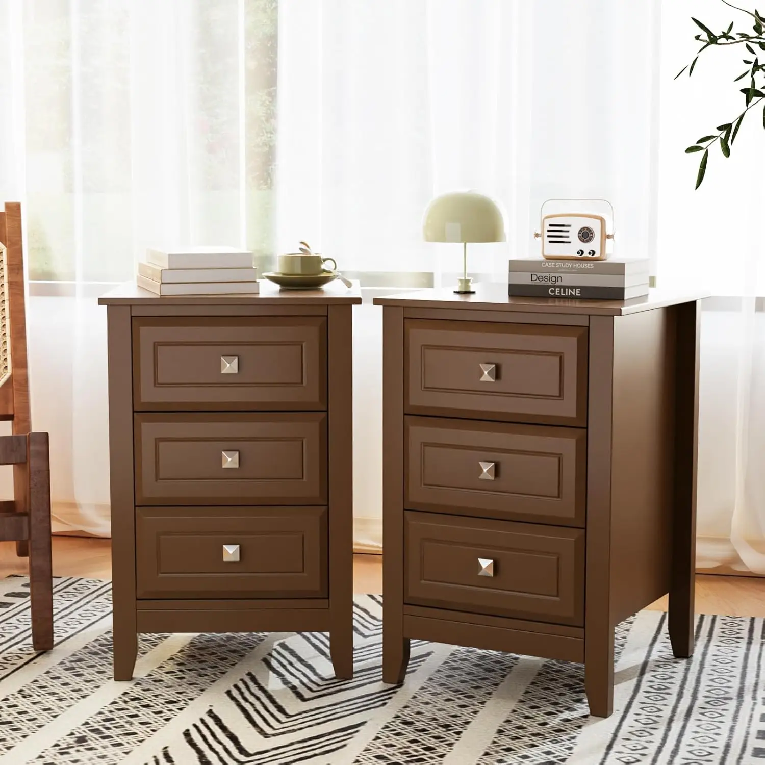 Nightstands Set of 2, 3 Drawer Night Stand for Bedroom with Metal Knobs, Wooden Bedside Table, Brown Nightstand/End Table