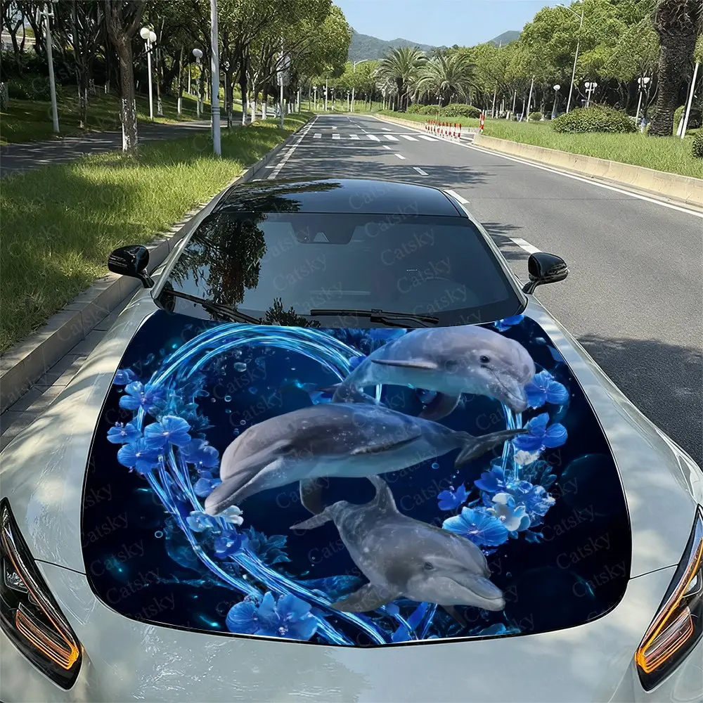 

Three Happy Dolphins Car Hood Vinyl Sticker Wrap, Universal Engine Cover Decal, Durable Paper Material, Protective Film For Vehi