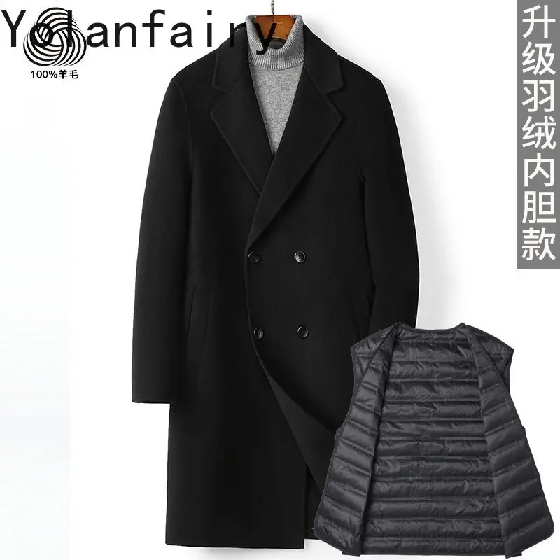 YOLANFAIRY 100% Wool Coat Men High Quality Double-faced Woolen Jacket Double-breasted Suit Collar Warm Down Coats Autumn Winter