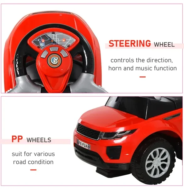 عربة ركوب السيارة 3 في 1 من Aosom Kids، لعبة المشي المنزلقة مع شريط آمن للموسيقى الخفيفة للأولاد والبنات بعمر 1-3 سنوات