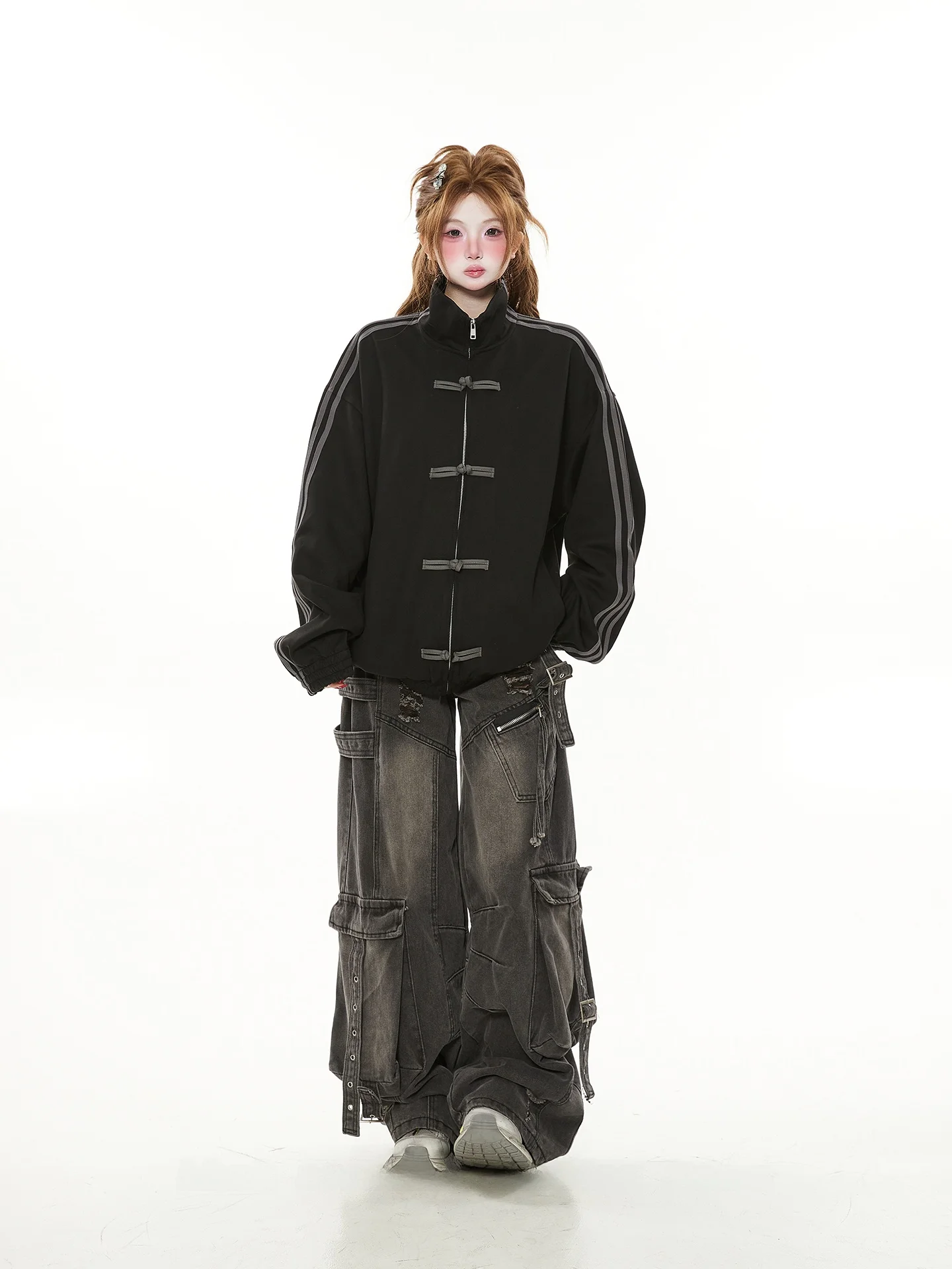 

Новая китайская женская куртка свободного кроя с воротником-стойкой на молнии, весна-осень, премиум-класс, с пуговицами, открытый кардиган