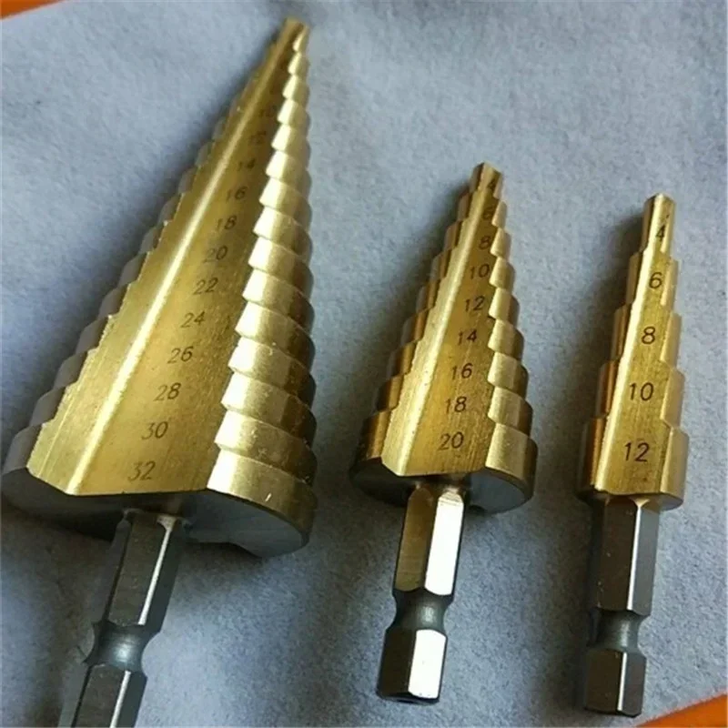 4-12/20/32mm HSS Steel Large Step Cone Titanium Coated Metal Drill Bit Cut Tool Set Hole Cutter (1Pcs Gold)