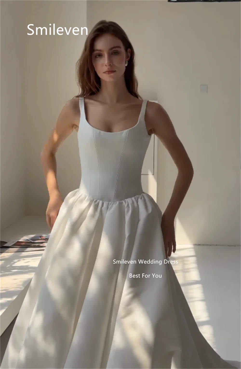 Smileven White Satin Ball Gown Wedding Dresses Square Scoop Wide Strap Bridal Dress Zipper Back Chapel Train Gowns Customized