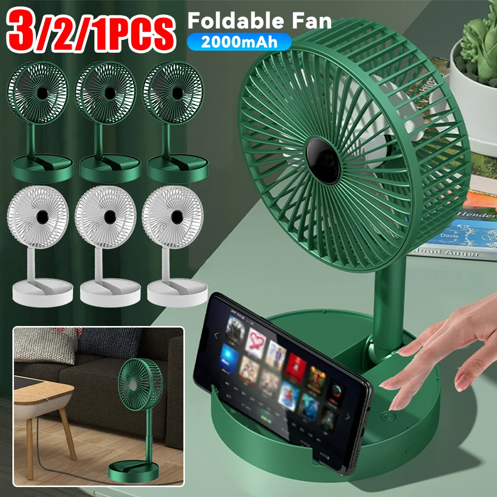 1-3PCS USB Foldable Fan Adjustable Height Desk Fan Portable Telescopic Floor Stand Fan 2000mAh 3 Speeds Summer Air Circulators