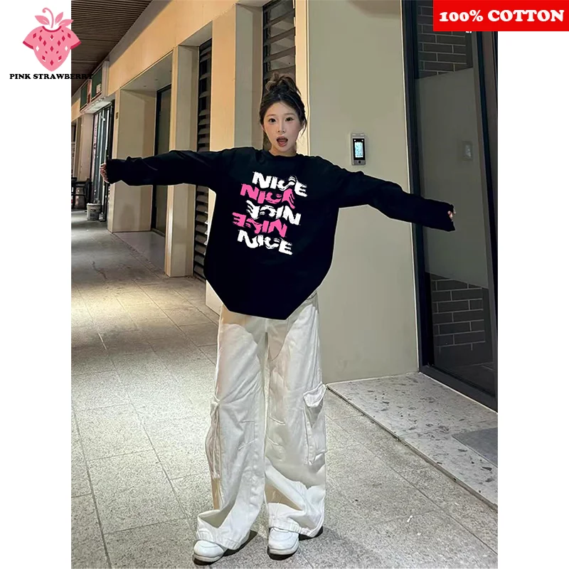 

American style Pure Cotton T-shirt Women Autumn 2025New Oversize Black Long sleeved Loose Casual T-shirt Y2k Top Ladies clothing