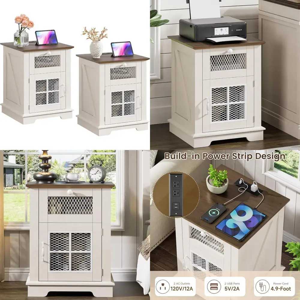 

пара тумбочек в стиле фермерского дома с зарядной станцией, ящиком и шкафом