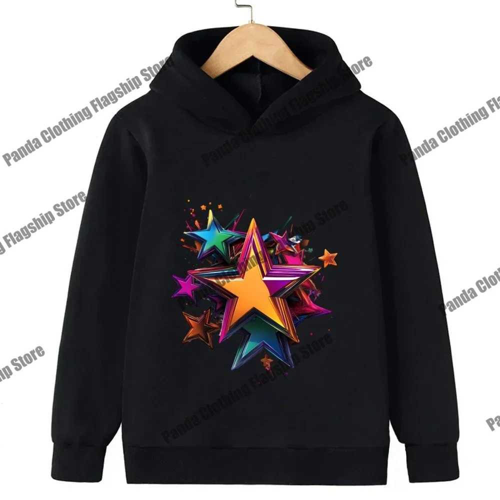 New children's hoodie with star print for boys and girls, pink long sleeved warm hoodie, children's black star hoodie