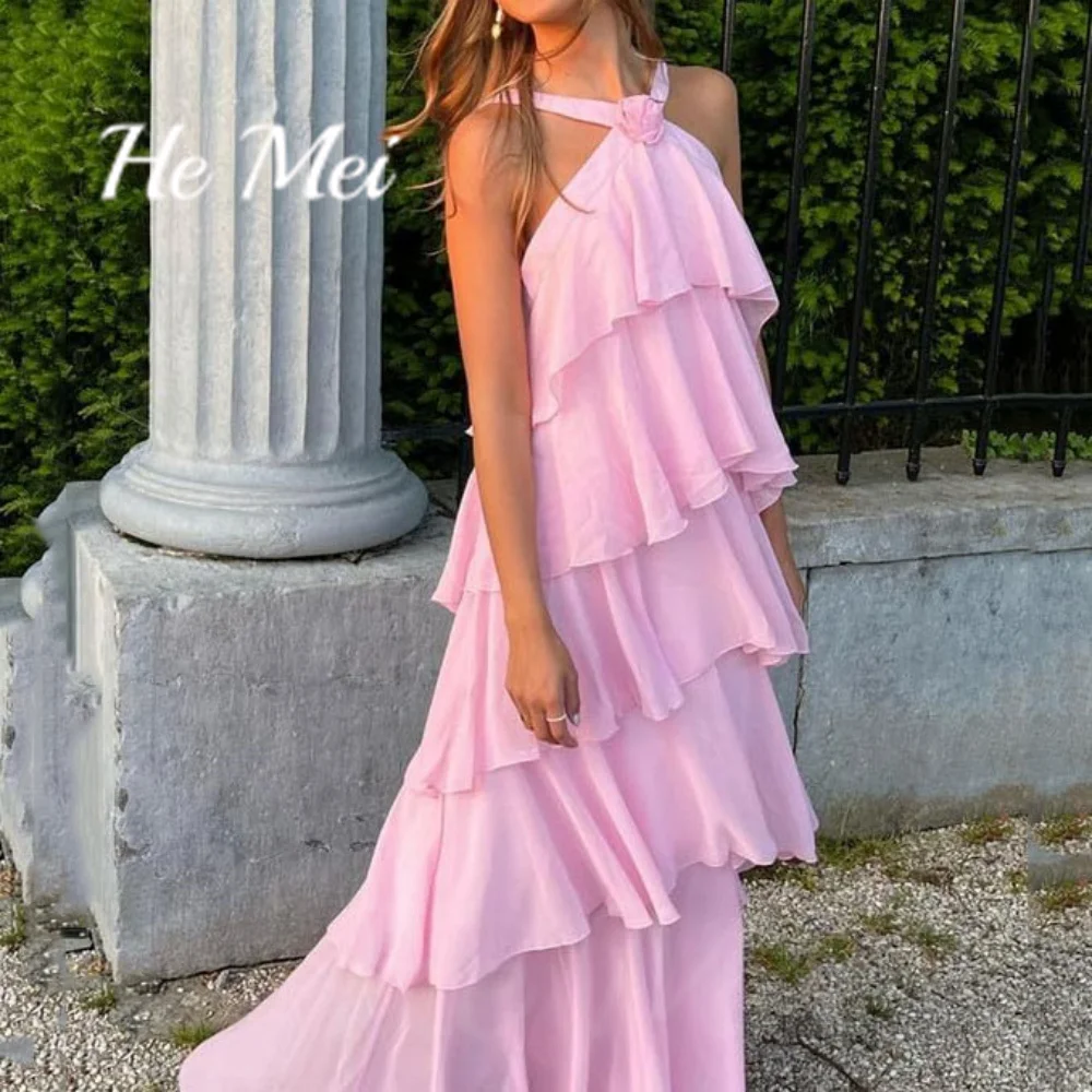 He Mei-vestido de graduación sencillo para mujer, traje de noche bohemio con cuello Halter escalonado para playa, personalizado, largo hasta el suelo