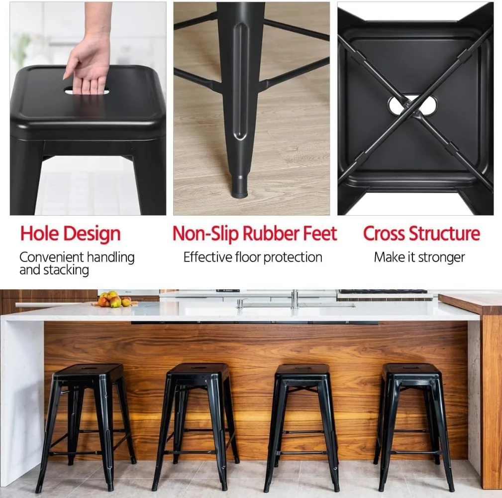 Set of 4 Counter Height Metal Bar Stools,Indoor/Outdoor Stackable Bartool Industrial High Backless Stools Black