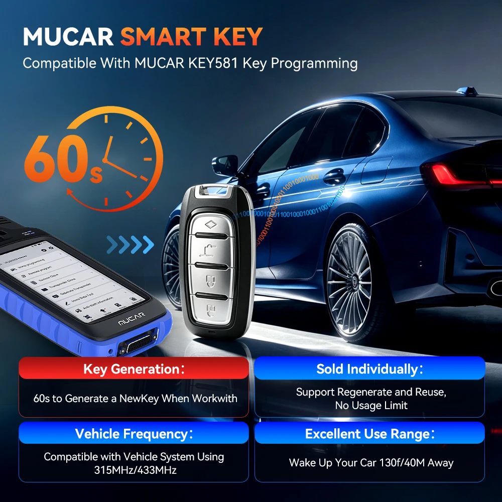 MUCAR KEY581 IMMO Key Programmer With 2pcs Smart Key Immobilizer Tool Key Creation Chip Read Write Cloning Frequency Detection