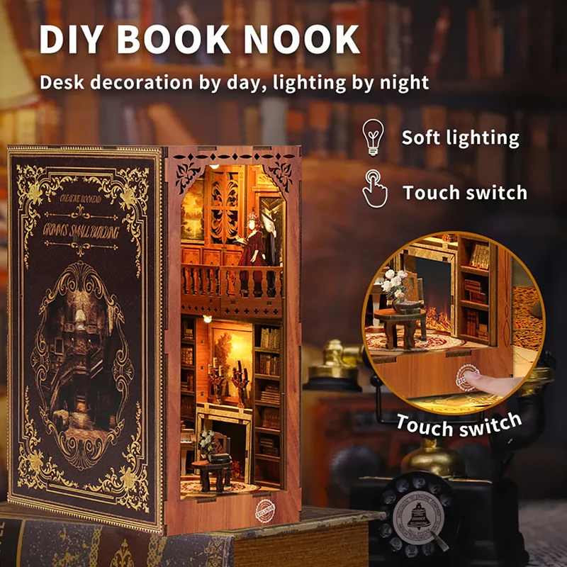 Fai da te Book Nook Kit casa delle bambole in legno libreria Set 3D Puzzle Assembly Building Model Room Bookshelf Insert Decor con luci a LED