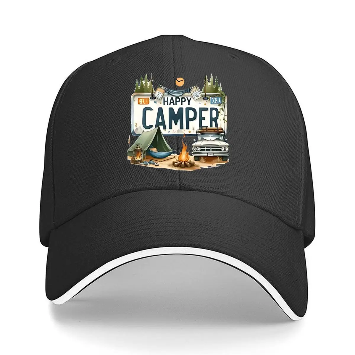 

Happy Camper Bold Symbol Travel Art Print Sandwich Baseball Cap